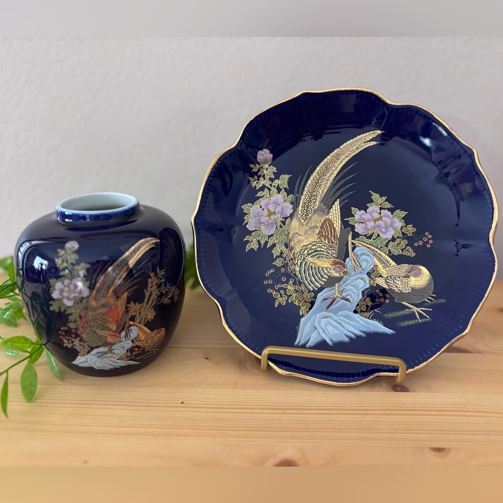 Vintage Cobalt Blue Pheasant Plate and Vase Set 8” Oriental Japanese Art